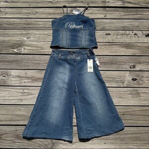 Vintage Y2K Plush Rhinestone 2 Piece Women’s Wide Leg Set Outfit